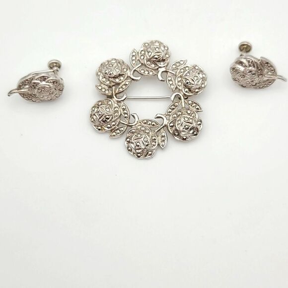 Vintage Sterling Silver  Marcasite Brooch Pin  and Earrings - Picture 3 of 7
